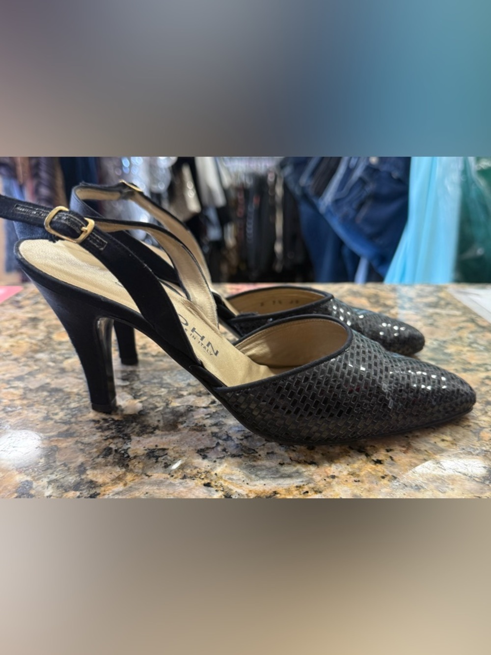 St. John Black Woven Leather Slingback Heels Made in Italy Size 7.5 - Picture 5 of 9